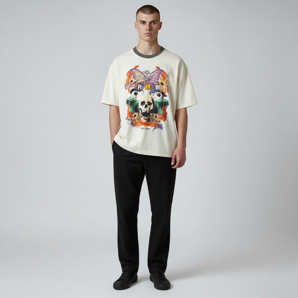 boohooMAN T-Shirt Size M Cream Graphic Skull Butterfly Snake Oversized Tee